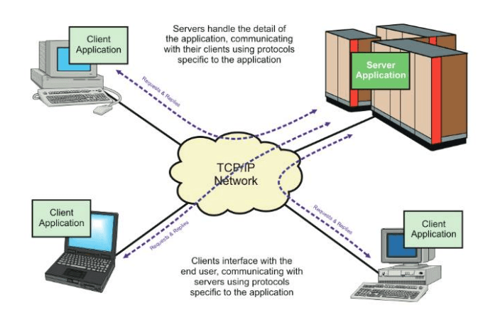 Diagram showing four client devices (a desktop, laptop, and a couple of others) connecting through a 'TCP/IP Network' cloud in the middle to a central server. Labels explain that servers handle the detail of the application while clients interface with the end user.