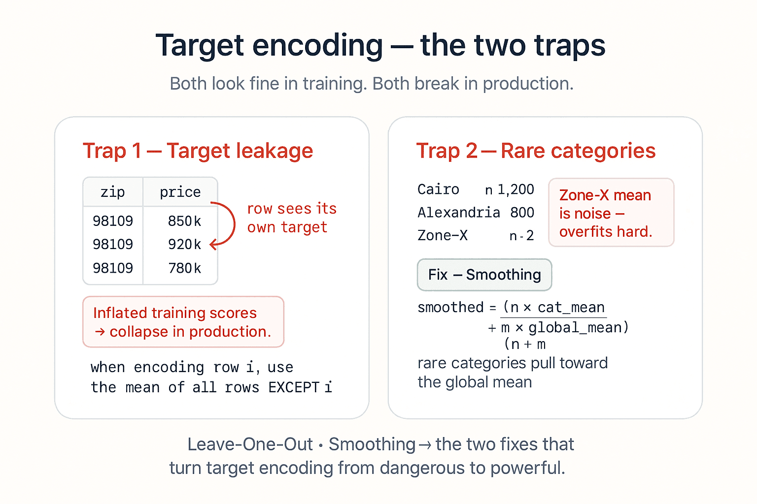 A two-card diagram titled 'Target encoding — the two traps' with subtitle 'Both look fine in training, both break in production.' Left card 'Trap 1 — Target leakage' shows three rows of a small dataset with a 'zip' column and a 'price' column. A red arrow loops from the third row's price back into the same row's encoded value, labelled 'row sees its own target'. A red pill annotation underneath reads 'Inflated training scores → collapse in production.' A fix box below shows the formula 'Leave-One-Out — when encoding row i, use the mean of all rows EXCEPT i' in monospace, with a green check mark. Right card 'Trap 2 — Rare categories' shows three categories: 'Cairo' with 1,200 rows, 'Alexandria' with 800 rows, and 'Zone-X' with 2 rows. A red pill annotation reads 'Zone-X mean is noise — overfits hard.' A fix box below shows the smoothing formula 'smoothed = (n × category_mean + m × global_mean) / (n + m)' in monospace with a green check mark, plus a one-line note 'rare categories pull toward the global mean'. Bottom caption strip: 'Leave-One-Out · Smoothing → the two fixes that turn target encoding from dangerous to powerful.' Background warm off-white #FAFAF7, white cards with 1px slate border and soft shadow, Inter sans-serif.