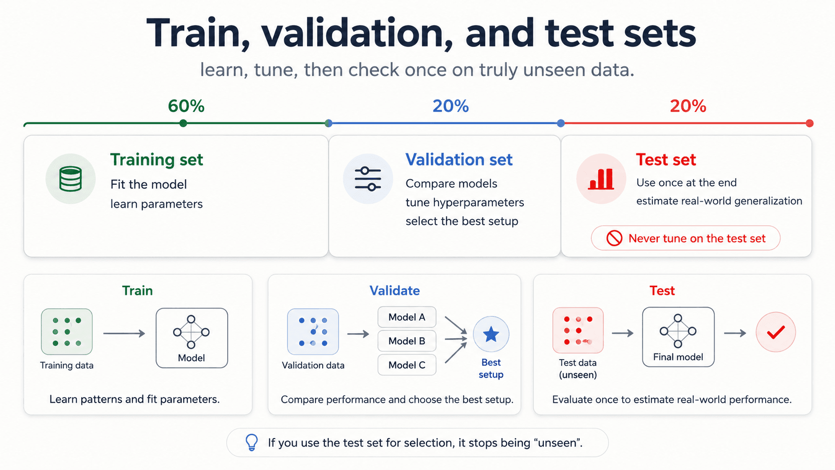 Train, validation, and test sets. A 60/20/20 split shown as three coloured bars. Training set (60%, green): fit the model, learn parameters. Validation set (20%, blue): compare models, tune hyperparameters, select the best setup. Test set (20%, red): use once at the end, estimate real-world generalization; warning 'never tune on the test set'. Bottom row: three workflow boxes — Train (training data → model, learn patterns and fit parameters), Validate (validation data → choose between Model A/B/C → best setup, compare performance and choose the best), Test (test data unseen → final model → ✓, evaluate once to estimate real-world performance). Bottom callout: 'if you use the test set for selection, it stops being unseen'.