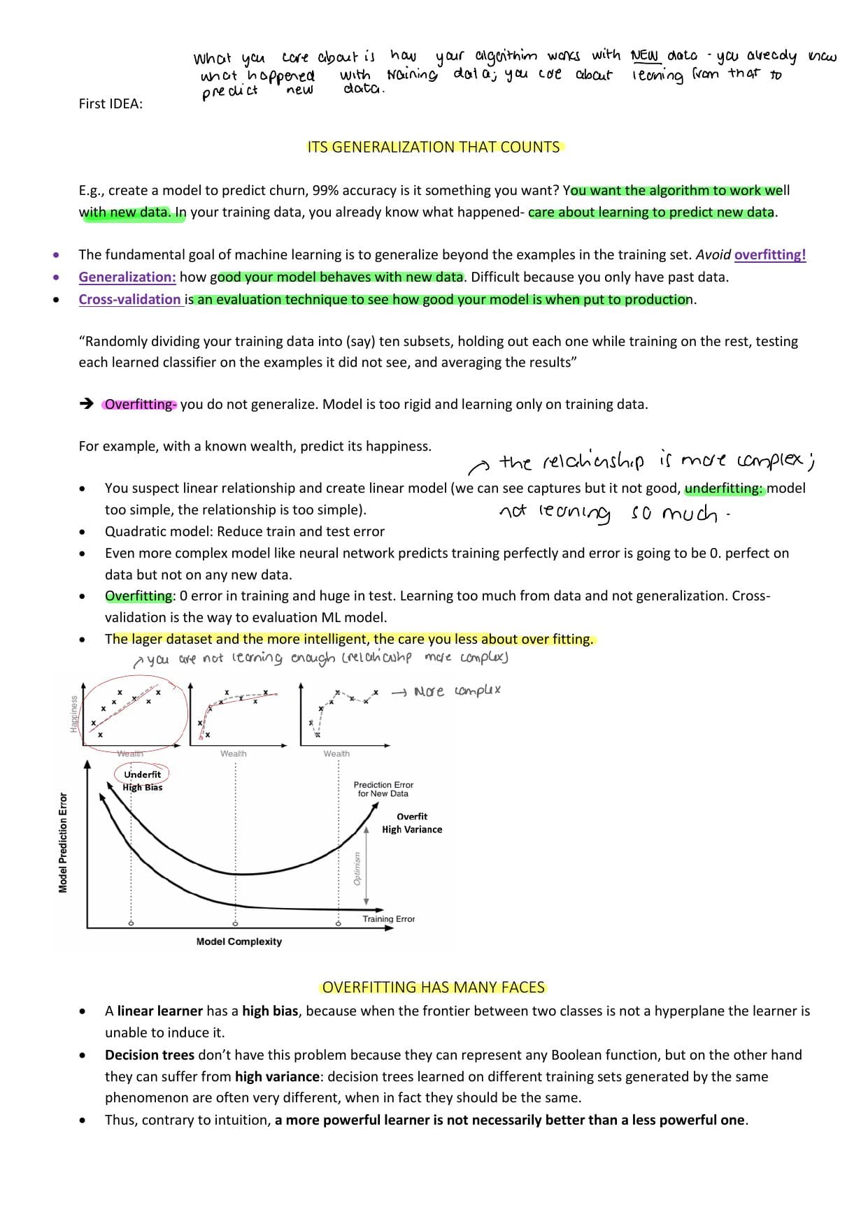 Notes on generalization, overfitting and underfitting, with the classic happiness-vs-wealth example and a bias-variance curve.