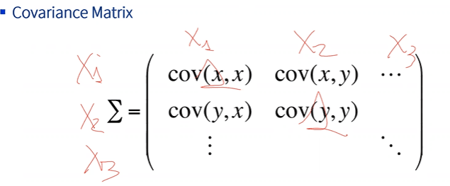 A covariance matrix Σ with entries cov(x,x), cov(x,y), cov(y,x), cov(y,y).