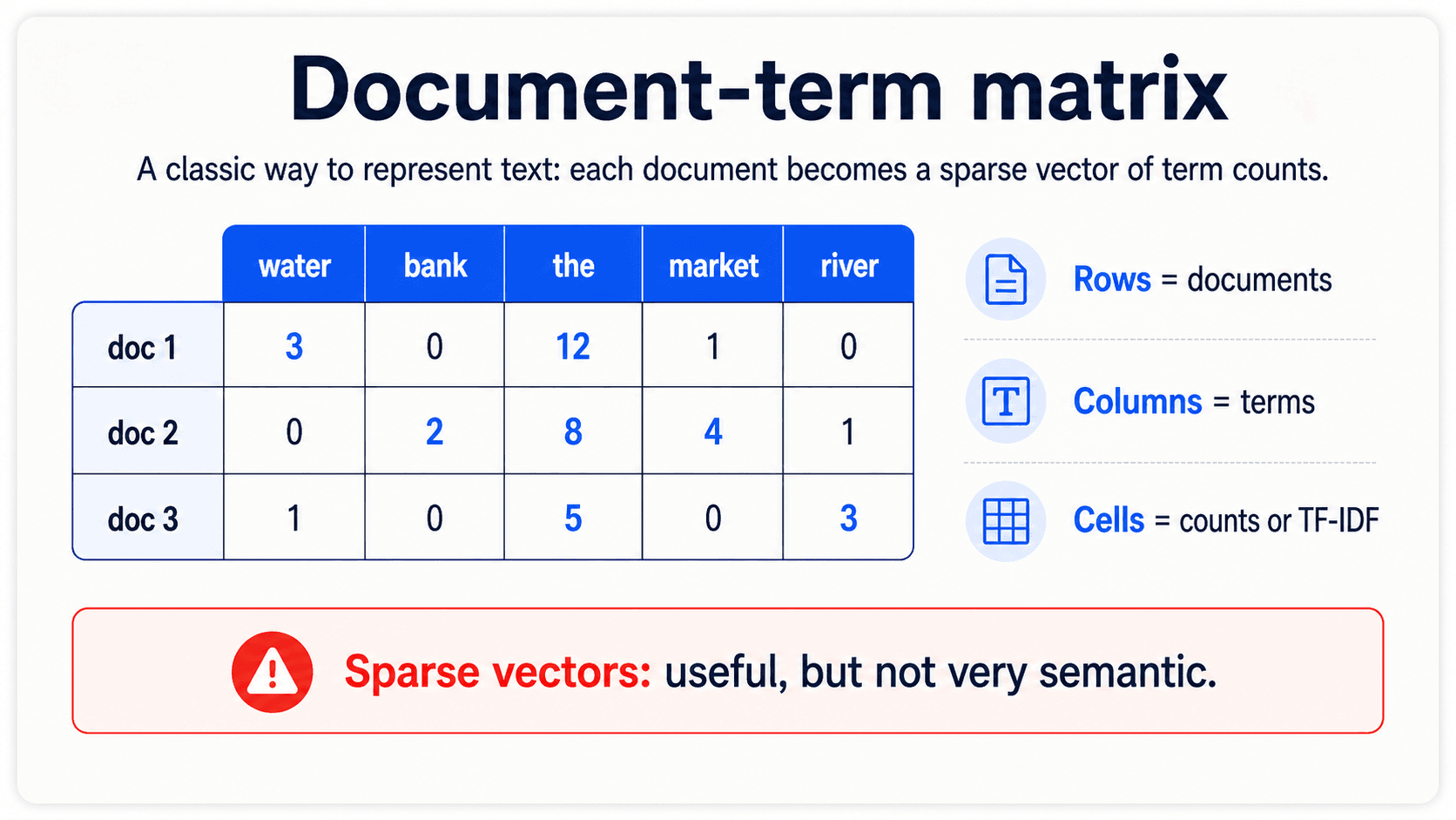 A card titled 'Document-term matrix (DTM)'. It shows a small document-by-word matrix with many zeros, a note that rows are documents and columns are terms, and a warning that sparse vectors do not encode meaning well. Warm off-white background, navy text, slate-blue accents.