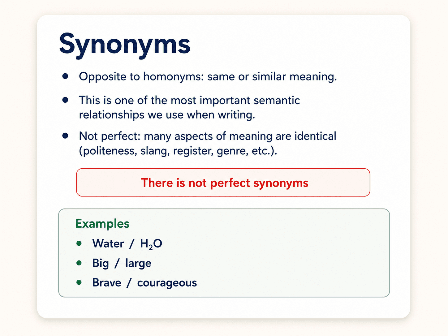 Card titled Synonyms. Three bullet points: opposite to homonyms — same or similar meaning; one of the most important semantic relationships we use when writing; not perfect — many aspects of meaning are identical (politeness, slang, register, genre, etc.). Red callout: 'There is not perfect synonyms.' Examples panel: water / H₂O, big / large, brave / courageous.