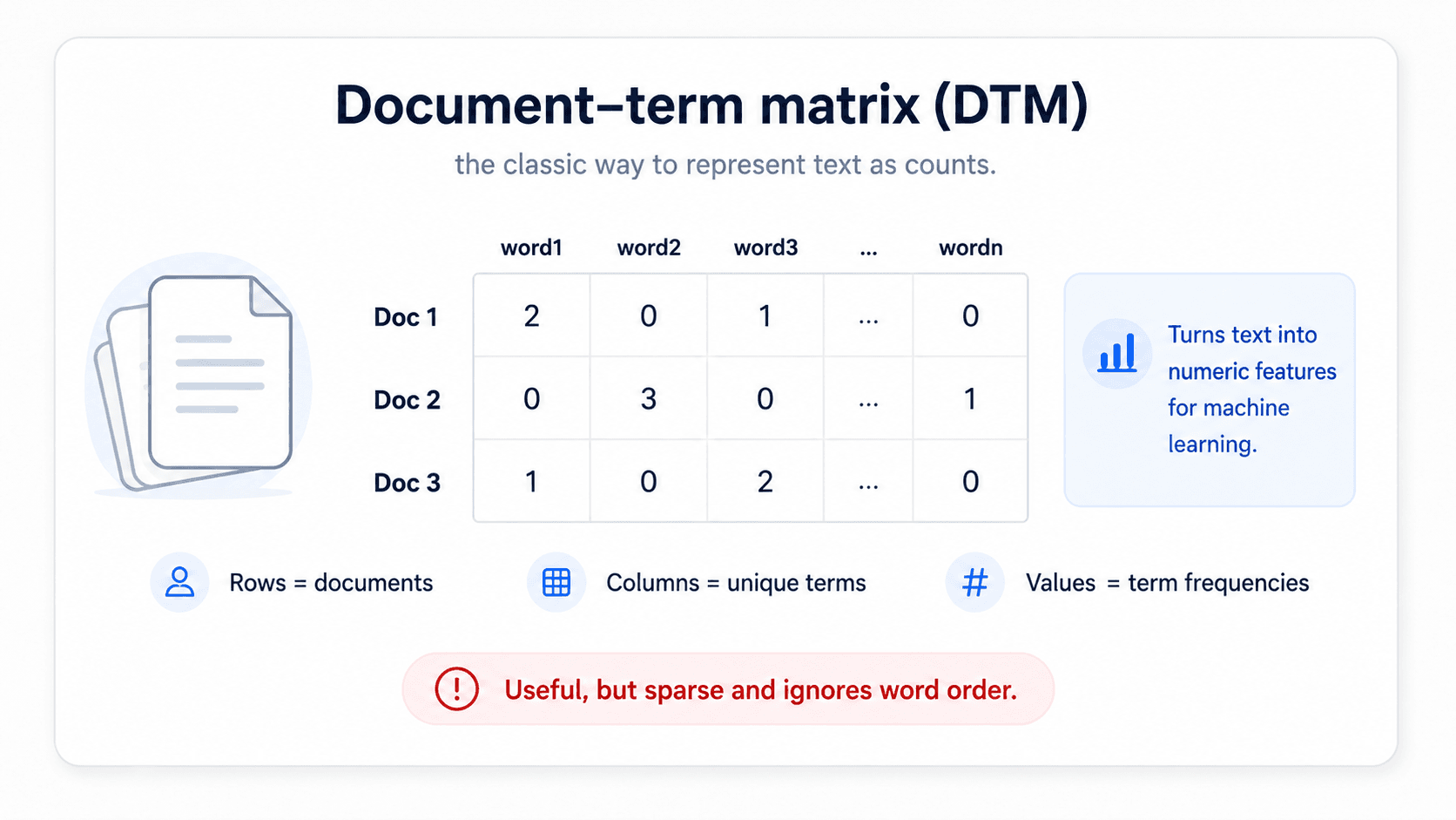 A card titled 'Document–term matrix (DTM)'. A small matrix on the left with rows labelled Doc 1, Doc 2, Doc 3 and columns word1, word2, word3, ..., wordn; cells contain term counts like 2, 0, 1, 3, ... . Right caption: 'Turns text into numeric features for machine learning'. Bottom row of icons: 'Rows = documents', 'Columns = unique terms', 'Values = term frequencies'. Red warning at the bottom: 'Useful, but sparse and ignores word order'.